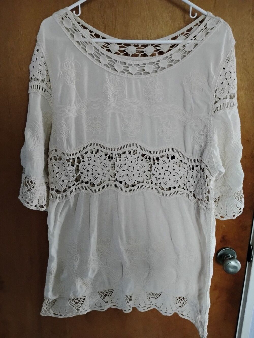 Ivory Bohemian-Style Tunic Portuguese 100% Cotton Floral Open Midsection Crochet